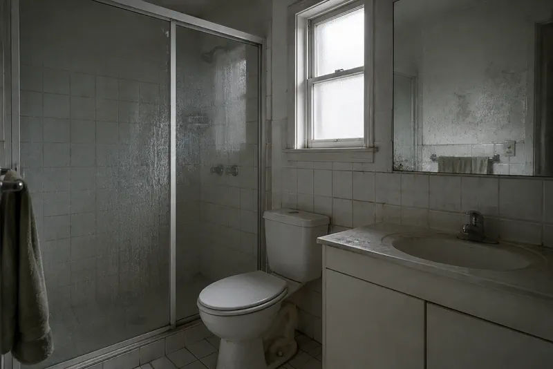 Bathroom before cleaning: grimy shower glass and stained fixtures