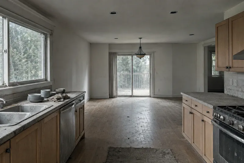 Kitchen before cleaning: dusty floors, cluttered counters