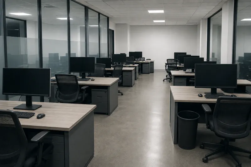 The same office after cleaning: clear desks and a polished floor