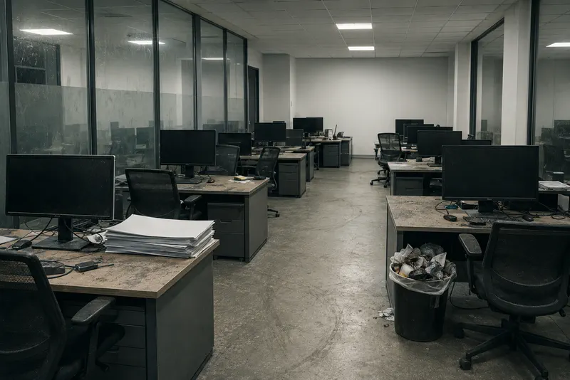 Office before cleaning: cluttered desks, dusty floor