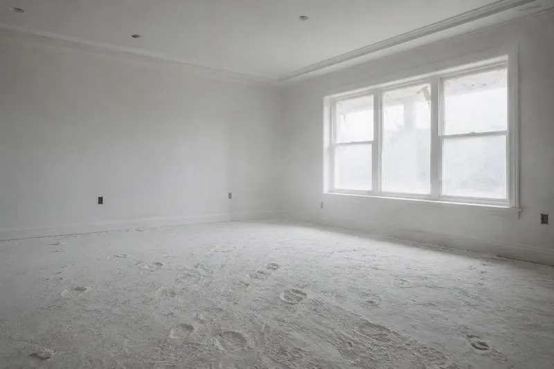 A room covered in construction dust before cleaning