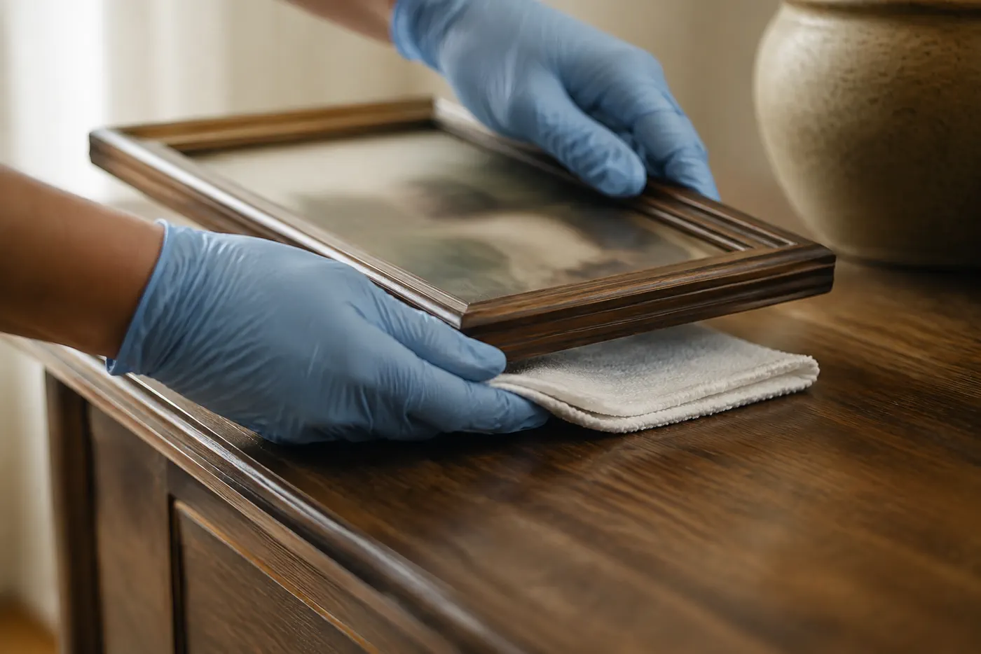 Gloved hands carefully wiping a framed picture on a polished wood dresser
