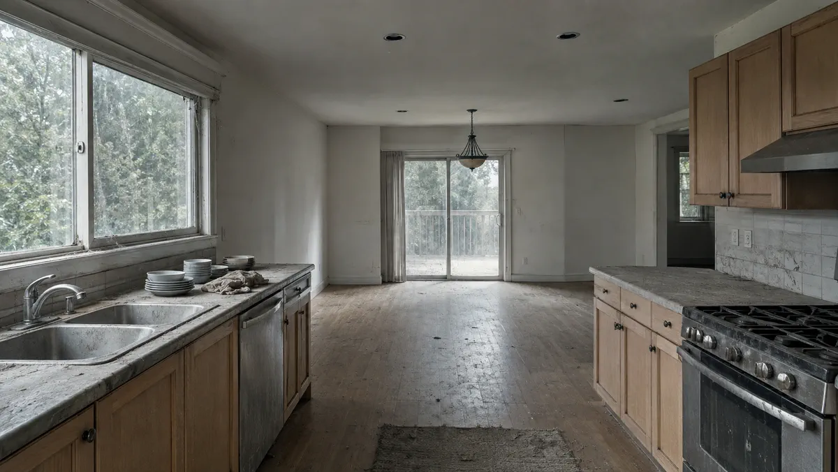 A dusty, neglected kitchen and dining area before cleaning