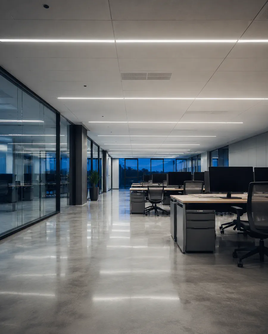 A polished, empty open-plan office at dusk