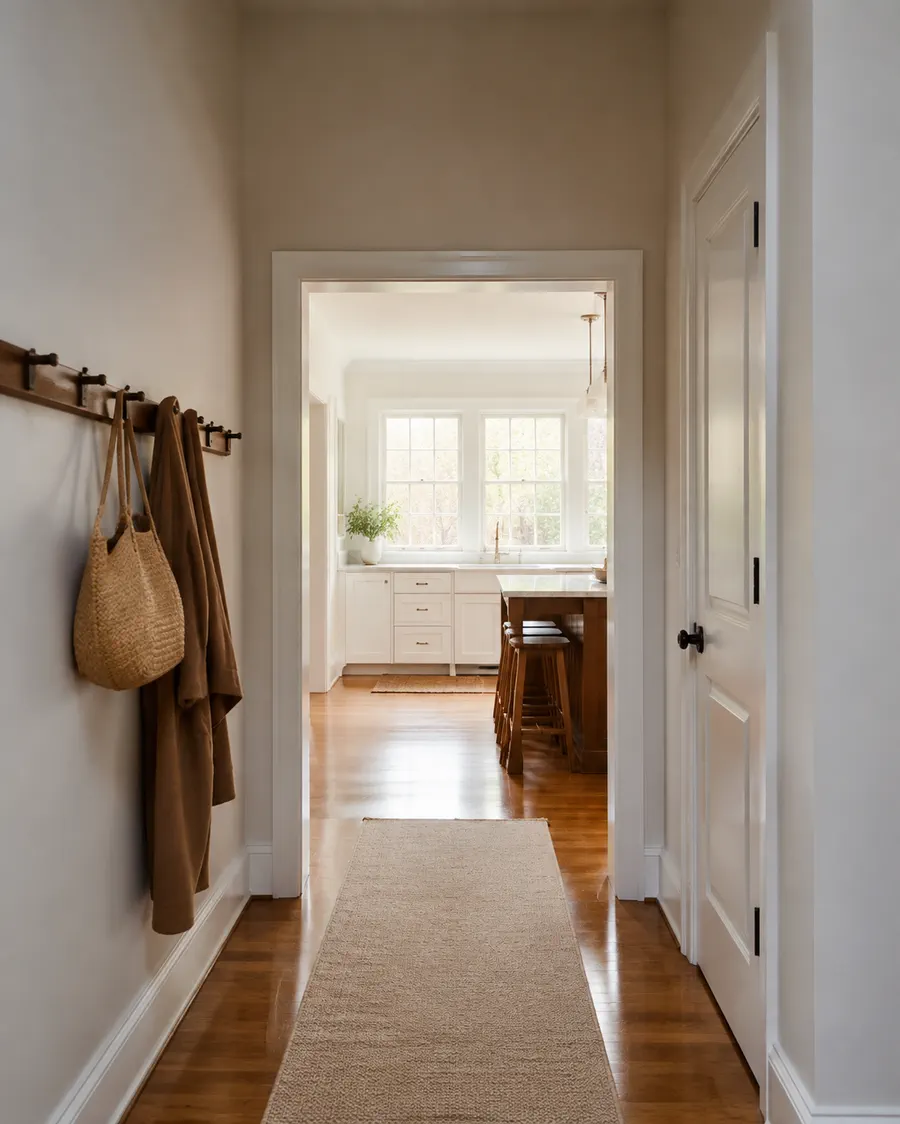 A clean, sunlit hallway looking through to a tidy kitchen in a home
